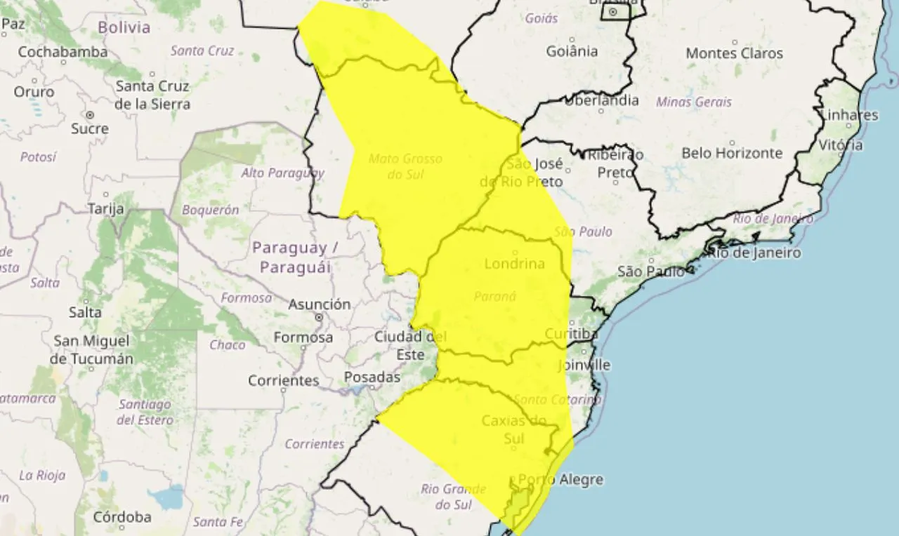 o mapa mostra as &aacute;reas em alerta para chuva intensa e ventania